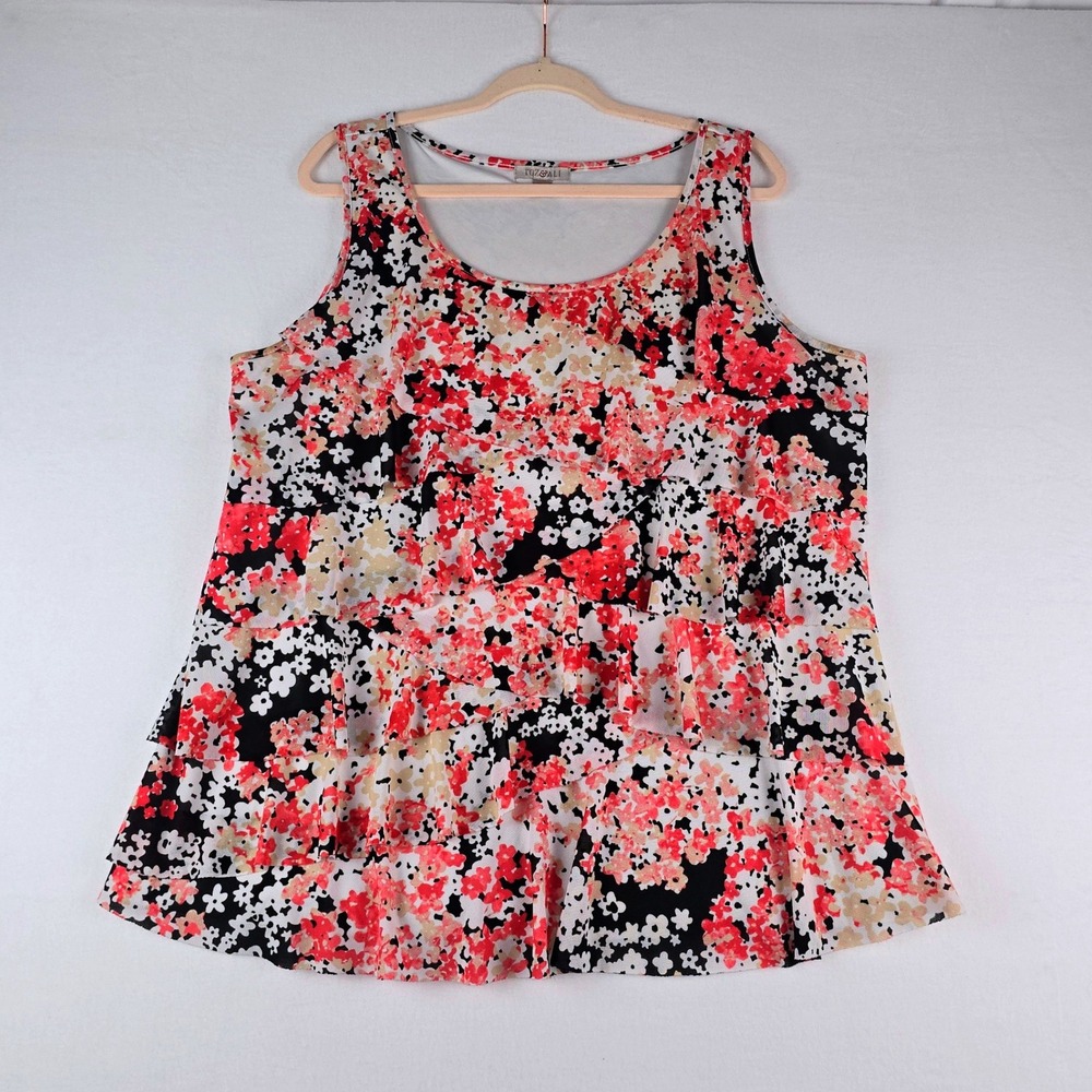 Roz & Ali Tiered Ruffle Tank Blouse Women 2X Coral Black Floral Sleeveless Top